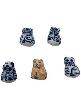 Hand-Painted Ceramic Yellow White Blue Cat Beads Set Of 5